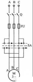 旋轉(zhuǎn)開關(guān)控制電機正反轉(zhuǎn)電路接線圖