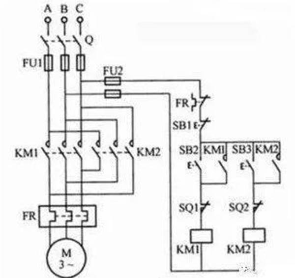 正反轉(zhuǎn)方向可逆啟動，行程開關(guān)控制電機自動停止電路接線圖